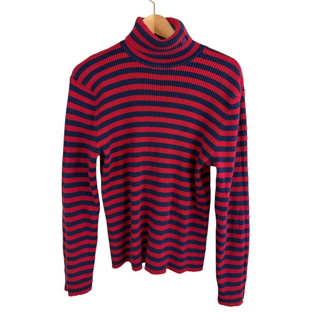 Lauren Ralph Lauren Striped Turtleneck Sweater Women XL Red Blue Ribbed Cotton